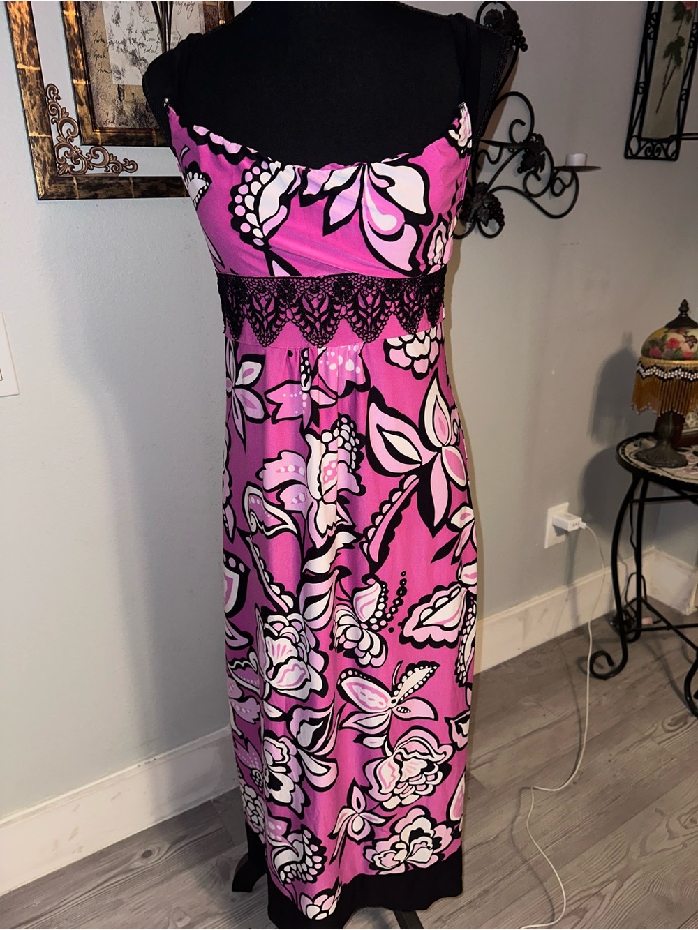 Vintage Y2K Bisou Bisou Intimates Pink Black Floral Maxi Dress, Size S